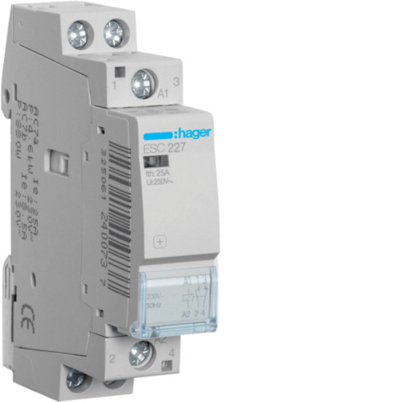 Контактор 25A, 1НВ+1НЗ, 230В Hager ESC227 Контактор 25A, 1НВ+1НЗ, 230В Hager ESC227