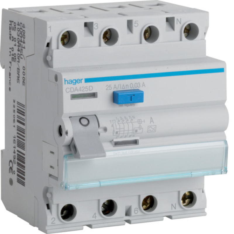 ПЗВ 4P 6kA 25A 30mA A hager CDA425D ПЗВ 4P 6kA 25A 30mA A hager CDA425D